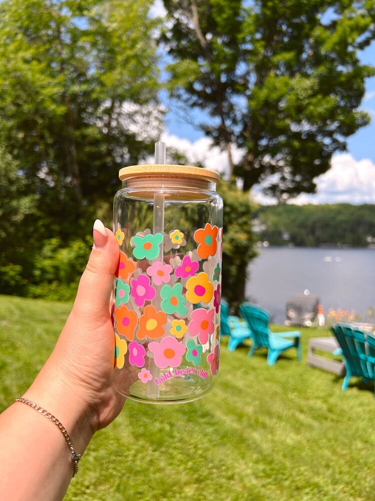 GOLD HEART CLUB | Tasse en verre avec couvercle et pailles - Fleurs