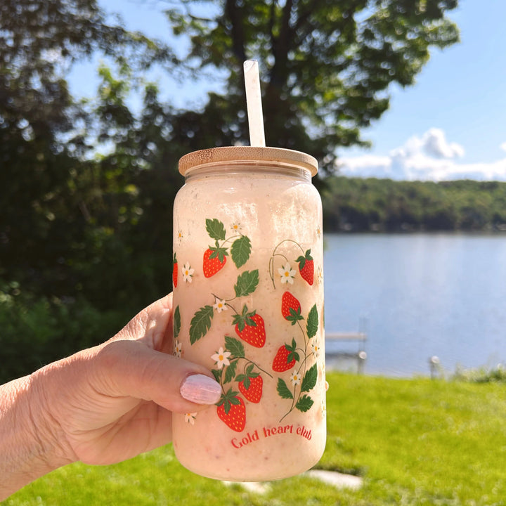 GOLD HEART CLUB | Tasse en verre avec couvercle et pailles - Fraises